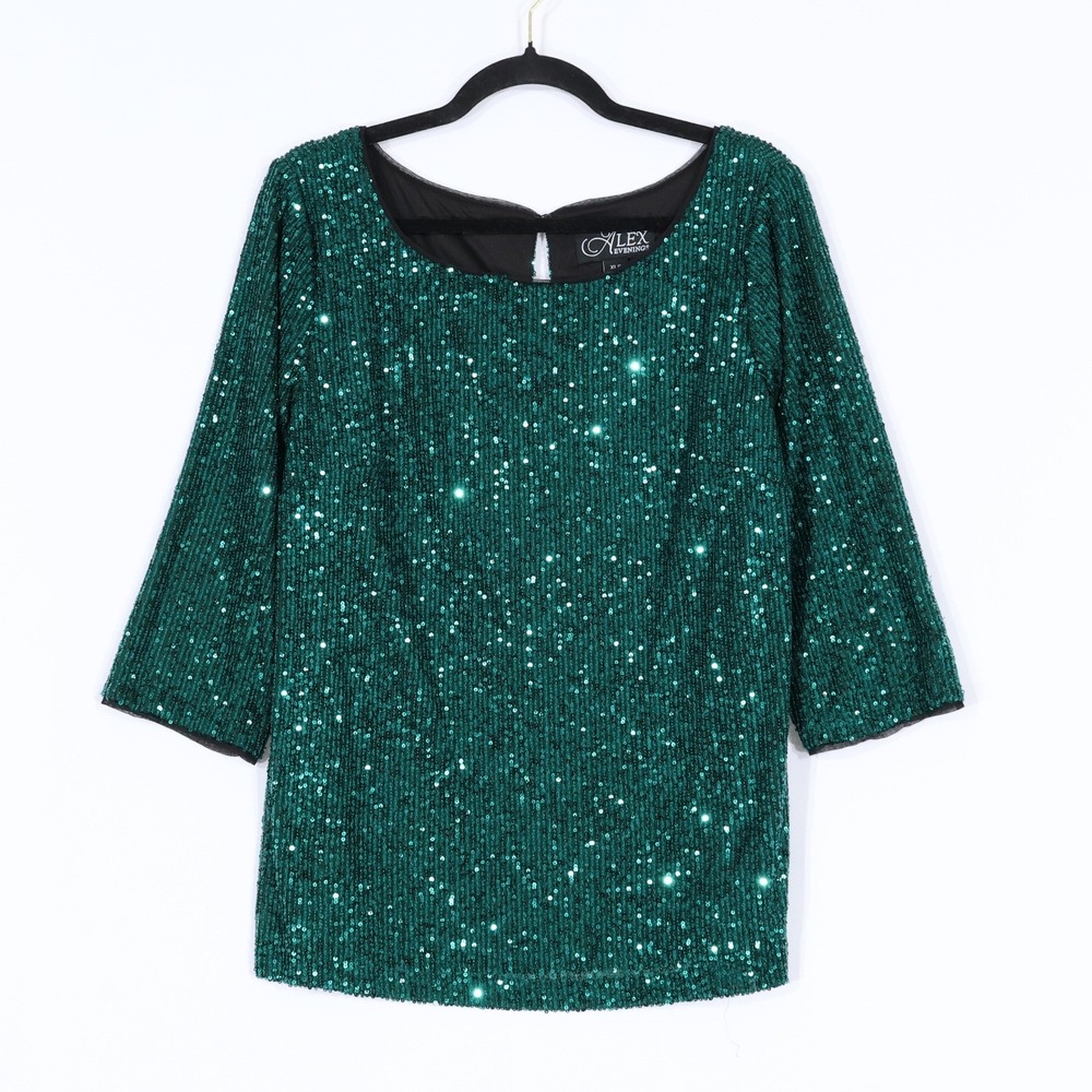 Alex Evenings Sequin Top Womens XLP Green 3/4 Sleeve Boat Neck Holiday Christmas